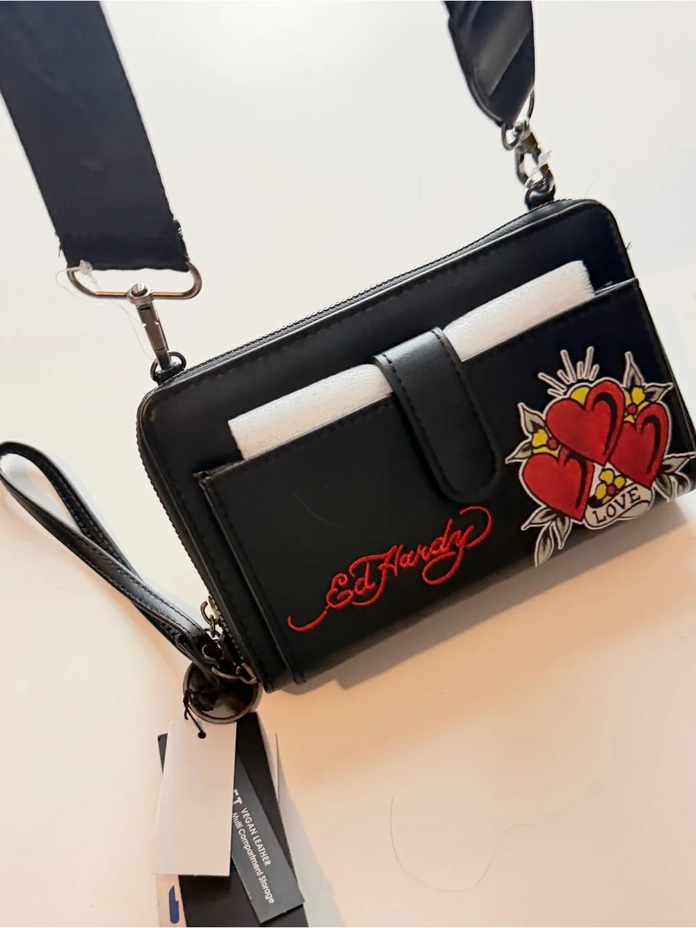 Ed Hardy Black Crossbody Wallet Bag Red Heart Graphic Wallet NWT